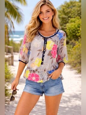 Abercrombie & Fitch Semi Sheer Crepe Floral Spring Summer Blouse Cinched Size M